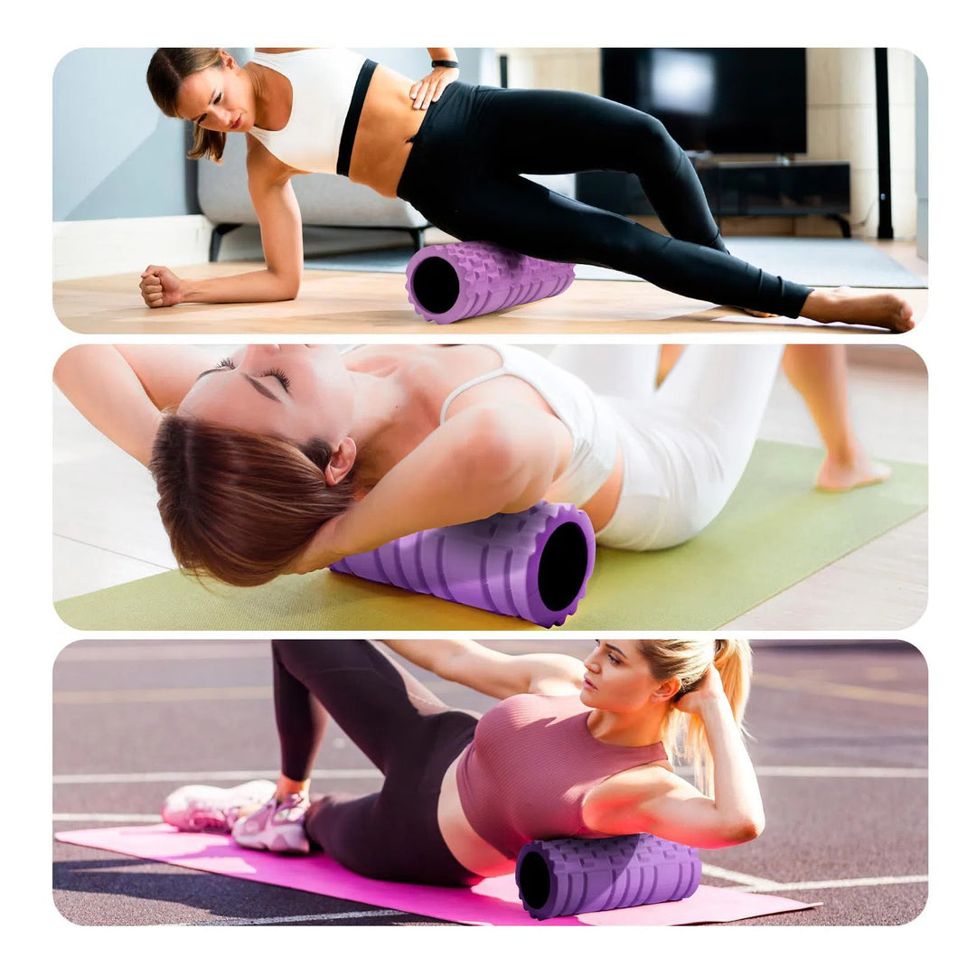 Three images of women using the Krightlink Deep Tissue Foam Roller: Top - a woman in a plank rolling her thigh; Middle - another rests her head on a purple roller while lying on her back; Bottom - a woman lies on a pink mat using the foam roller on her side.