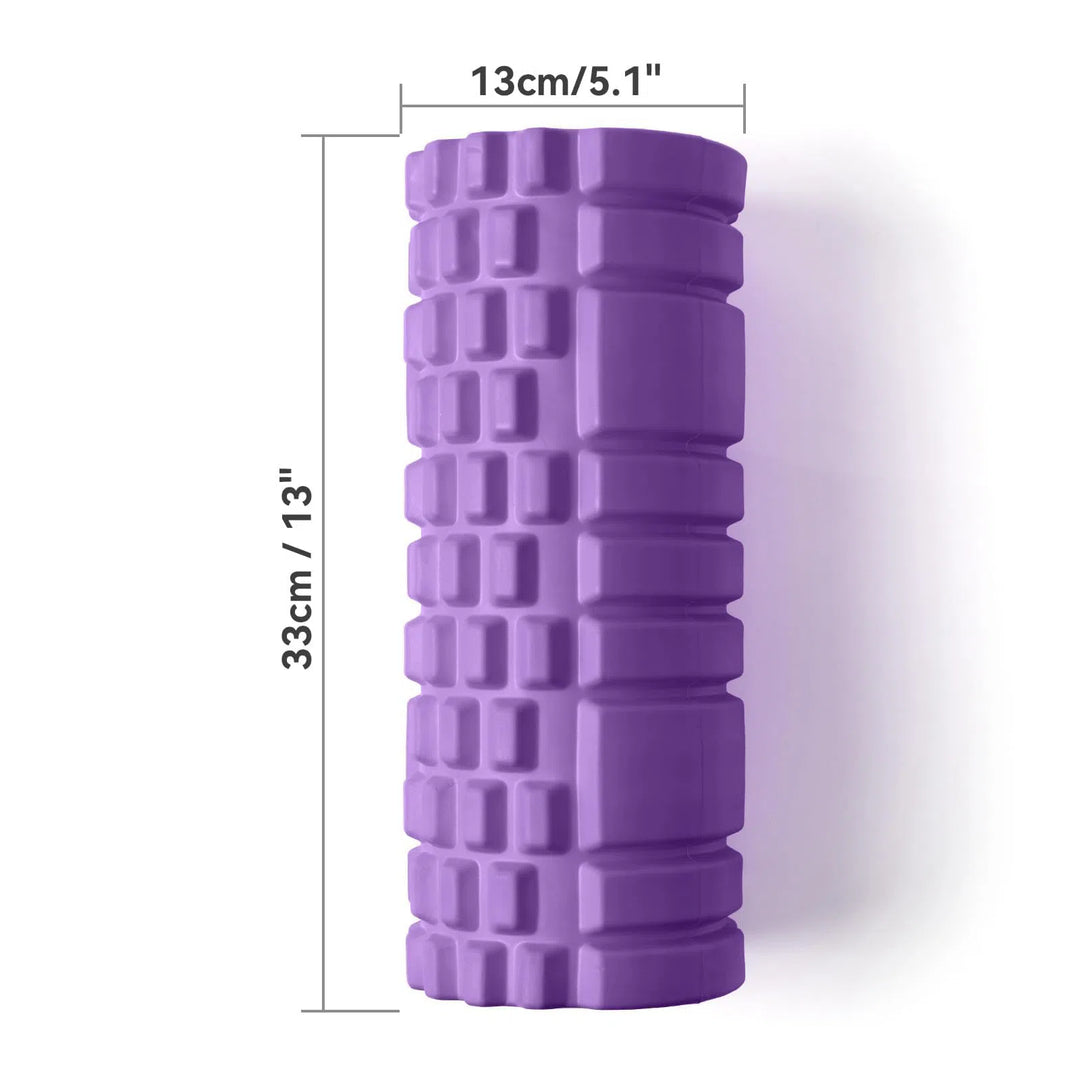 The Krightlink Deep Tissue Foam Roller by Krightlink is showcased vertically, featuring a unique purple textured grid design. It measures 33 cm (13 inches) in height and 13 cm (5.1 inches) in diameter, inviting inquiry beyond typical descriptions and enhancing keyword extraction opportunities.