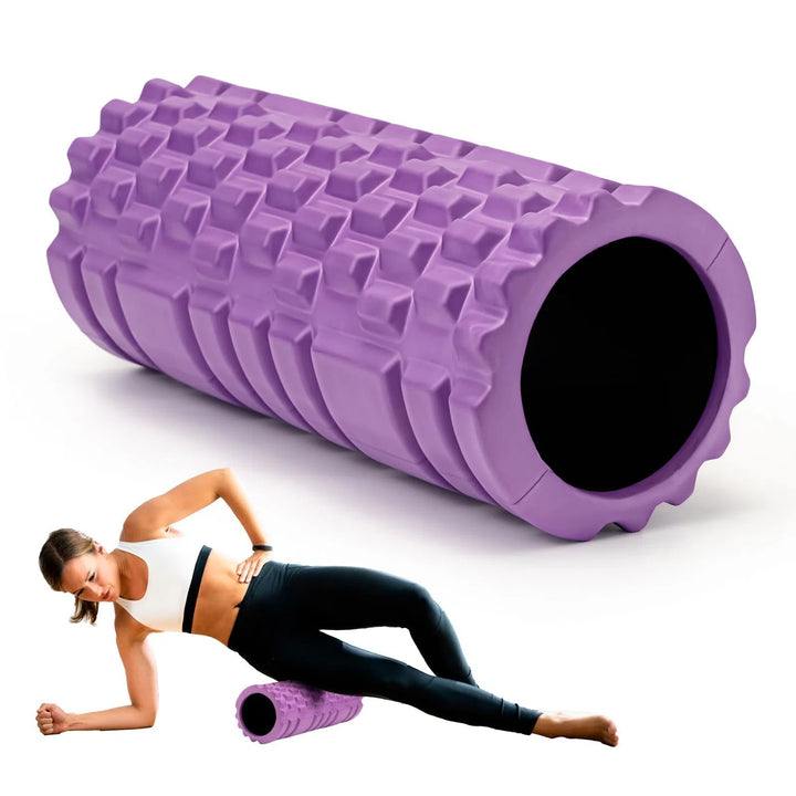 A woman in athletic wear uses a Krightlink Deep Tissue Foam Roller, textured and purple, on her thigh against a white background, showcasing its application in fitness rather than just stating product details.