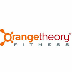 The image shows the Orangetheory Fitness logo. It features an abstract orange symbol resembling a molecular structure, followed by the words orangetheory in orange and FITNESS in gray.