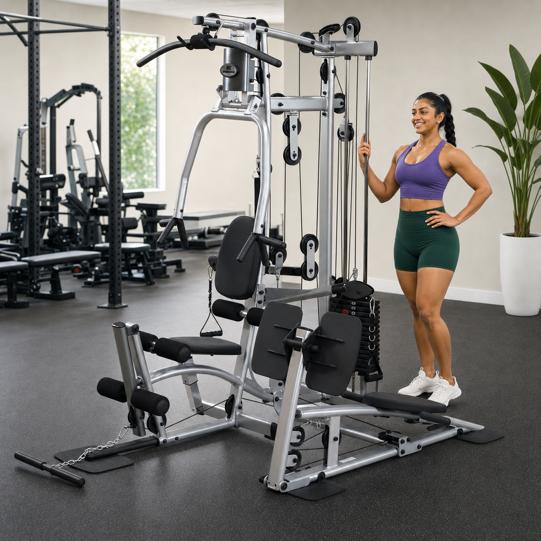 Body-Solid Powerline P2X home gym with leg press and fit model for scale in a bright home gym