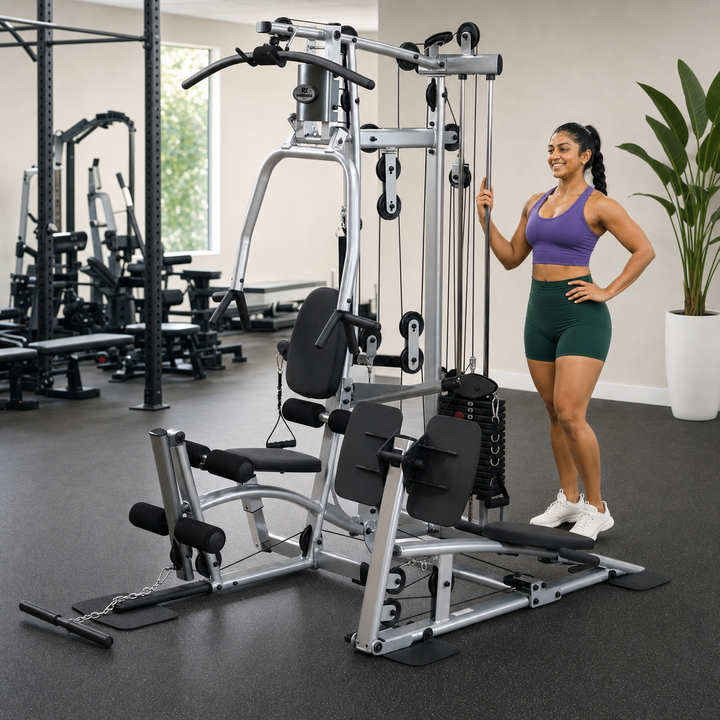 Body-Solid Powerline P2X home gym with leg press and fit model for scale in a bright home gym