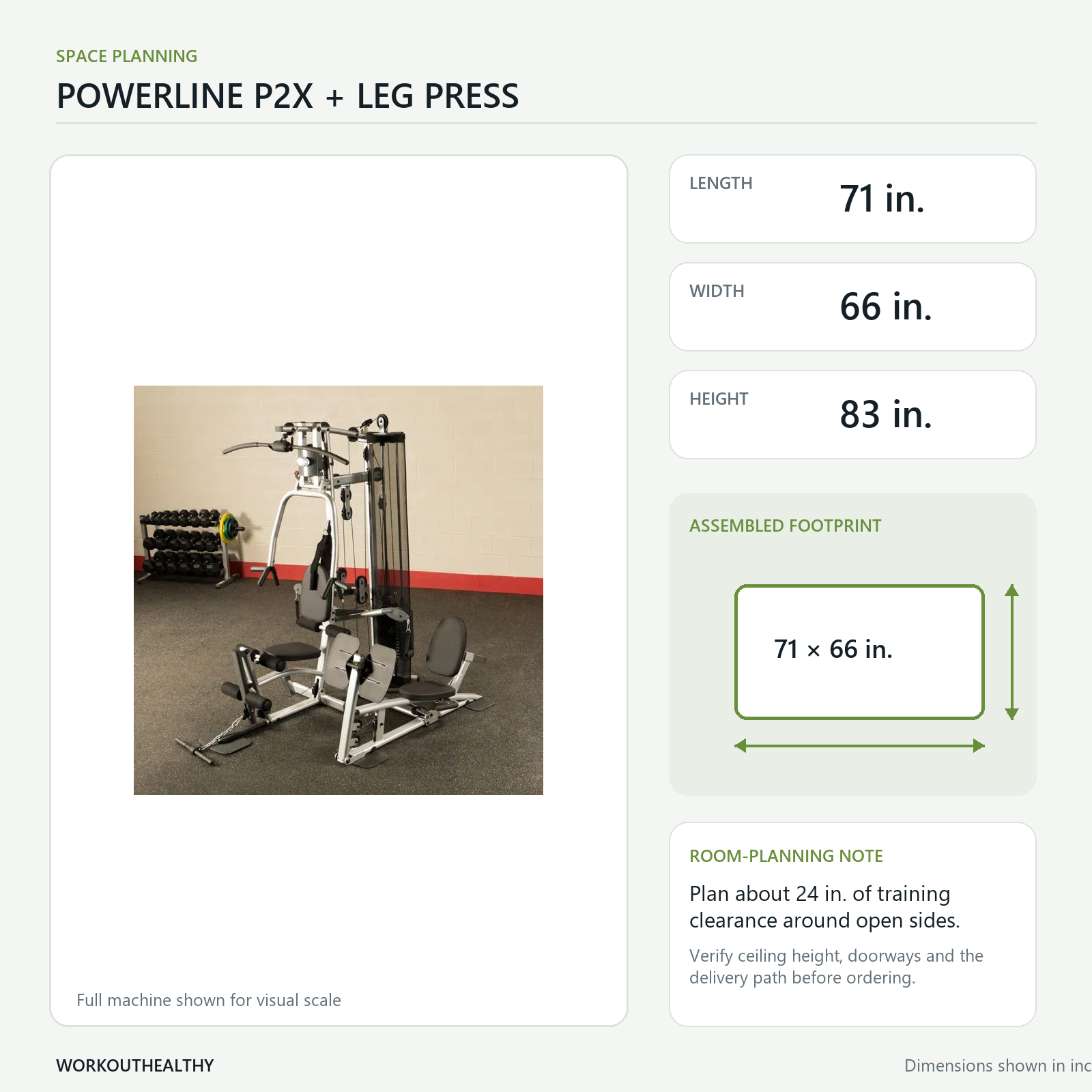 Powerline P2X dimensions and floor-space planning: 71 by 66 by 83 inches