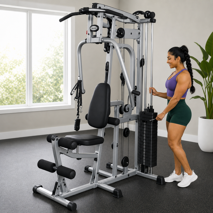 Fit model preparing the Body-Solid Powerline P2X home gym for a cable workout