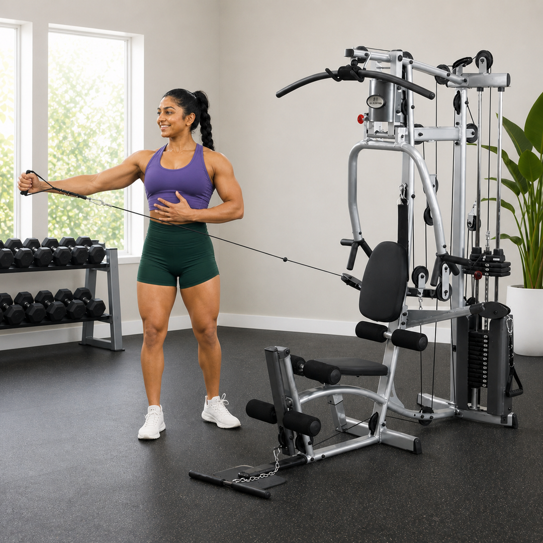 Fit model performing a standing cable shoulder exercise on the Powerline P2X functional pulley