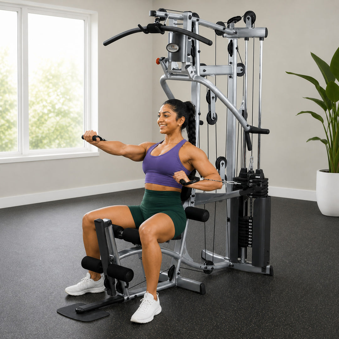 Fit model performing a seated chest press on the Powerline P2X multi-press arm