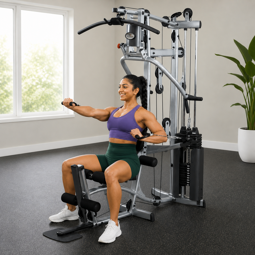 Fit model performing a seated chest press on the Powerline P2X multi-press arm