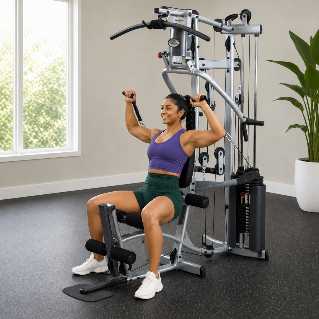 Fit model performing a seated shoulder press on the Powerline P2X home gym