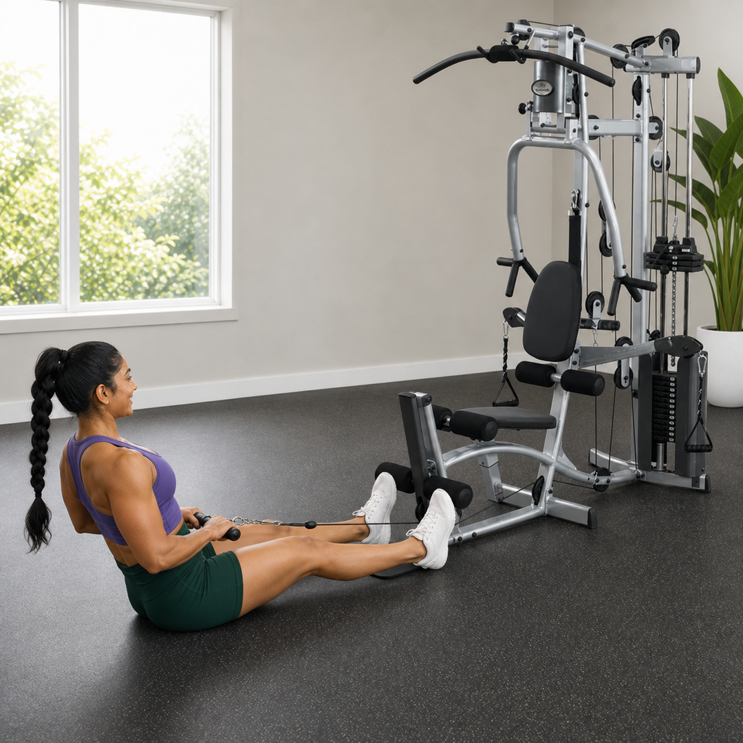 Fit model performing a seated floor row on the Powerline P2X low pulley station