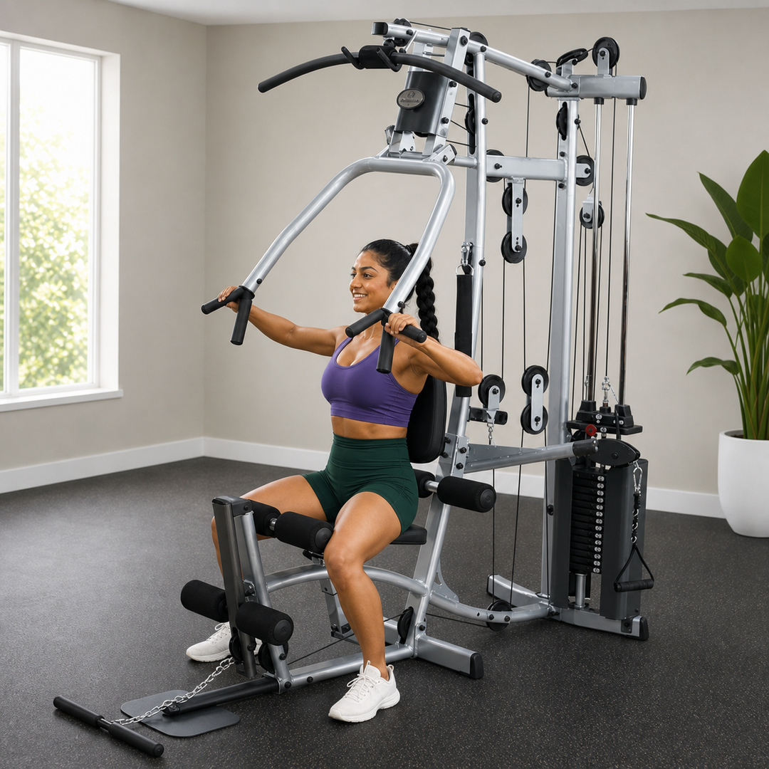 Fit model performing a seated chest press on the Powerline P2X home gym