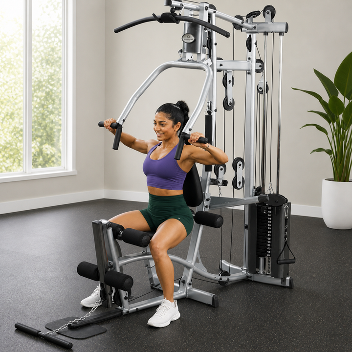 Fit model performing a seated shoulder press on the Powerline P2X press arm