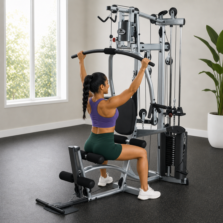 Fit model performing a wide-grip lat pulldown on the Powerline P2X high pulley