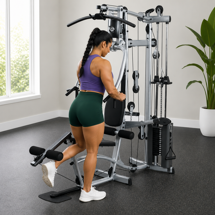 Fit model performing a standing leg curl on the Powerline P2X leg developer