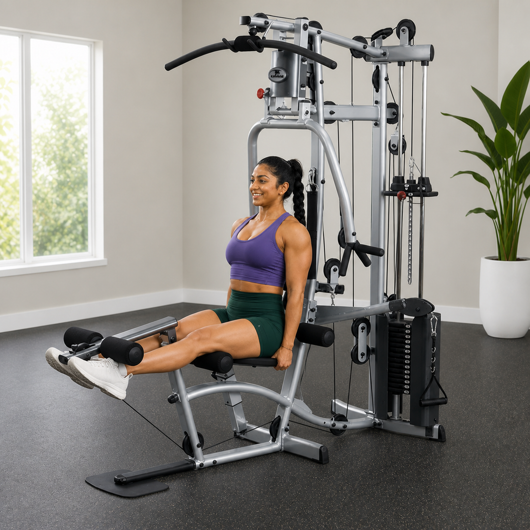 Fit model performing a seated leg extension on the Powerline P2X leg developer