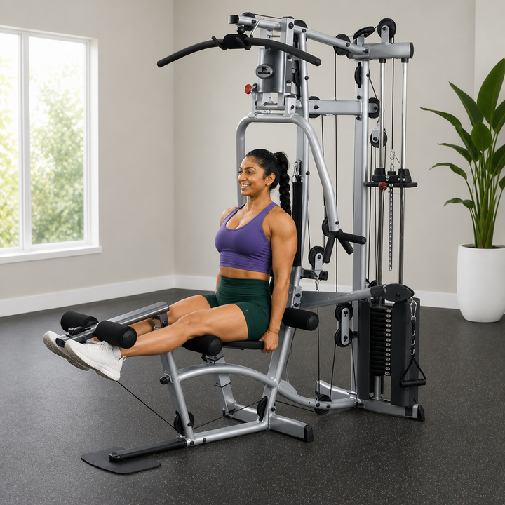 Fit model performing a seated leg extension on the Powerline P2X leg developer