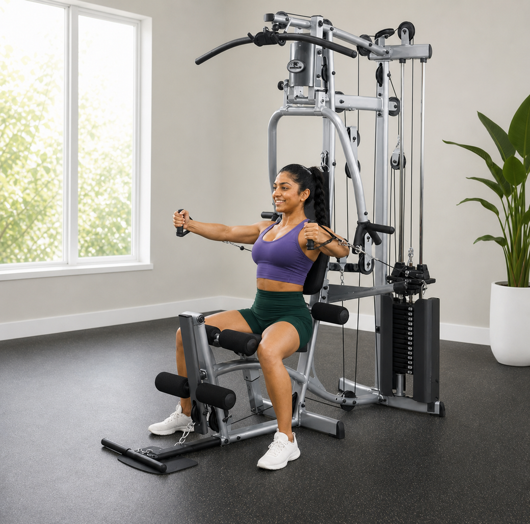 Alternate view of a fit model performing a seated chest press on the Powerline P2X