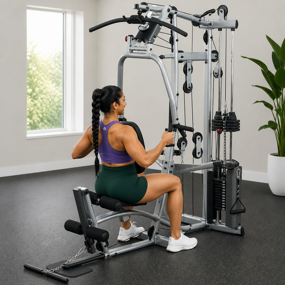 Fit model performing a seated cable back row on the Powerline P2X low pulley