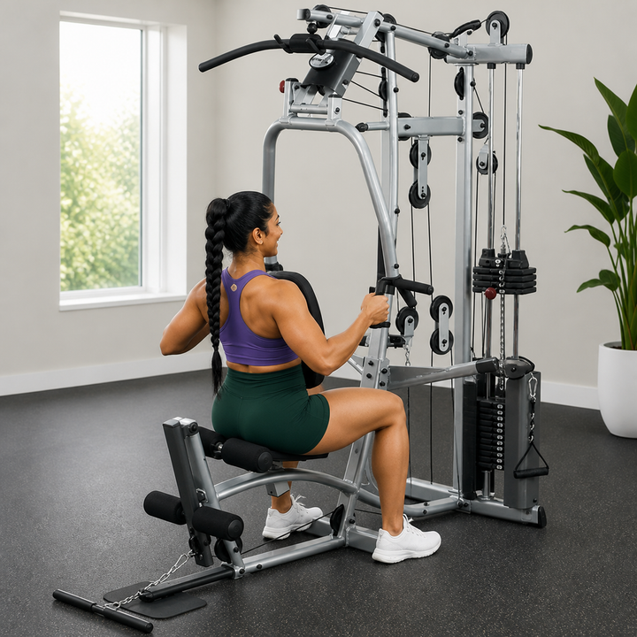 Fit model performing a seated cable back row on the Powerline P2X low pulley