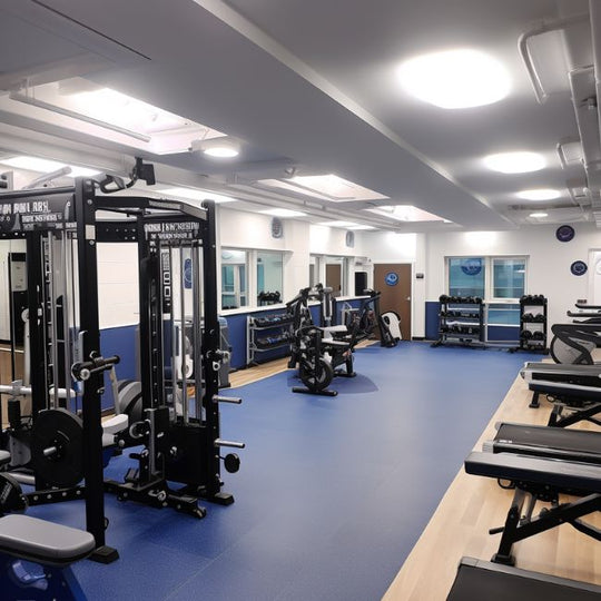 A spacious gym with blue flooring, featuring weight machines, benches, and free weights. The gym is well-lit with exercise equipment neatly organized around the room.