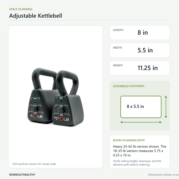 PowerBlock adjustable kettlebell dimensions and space-planning guide