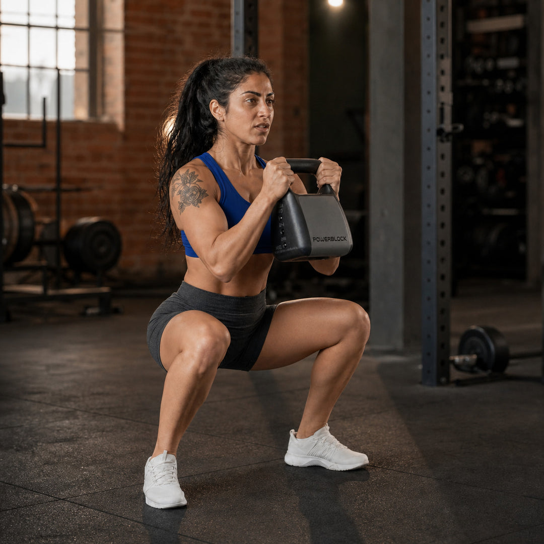 Woman performing a goblet squat with the PowerBlock adjustable kettlebell