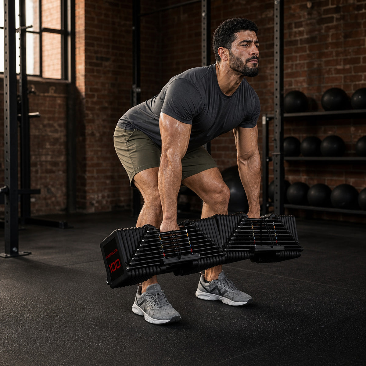 Man performing a controlled deadlift with PowerBlock Commercial Pro 100 adjustable dumbbells