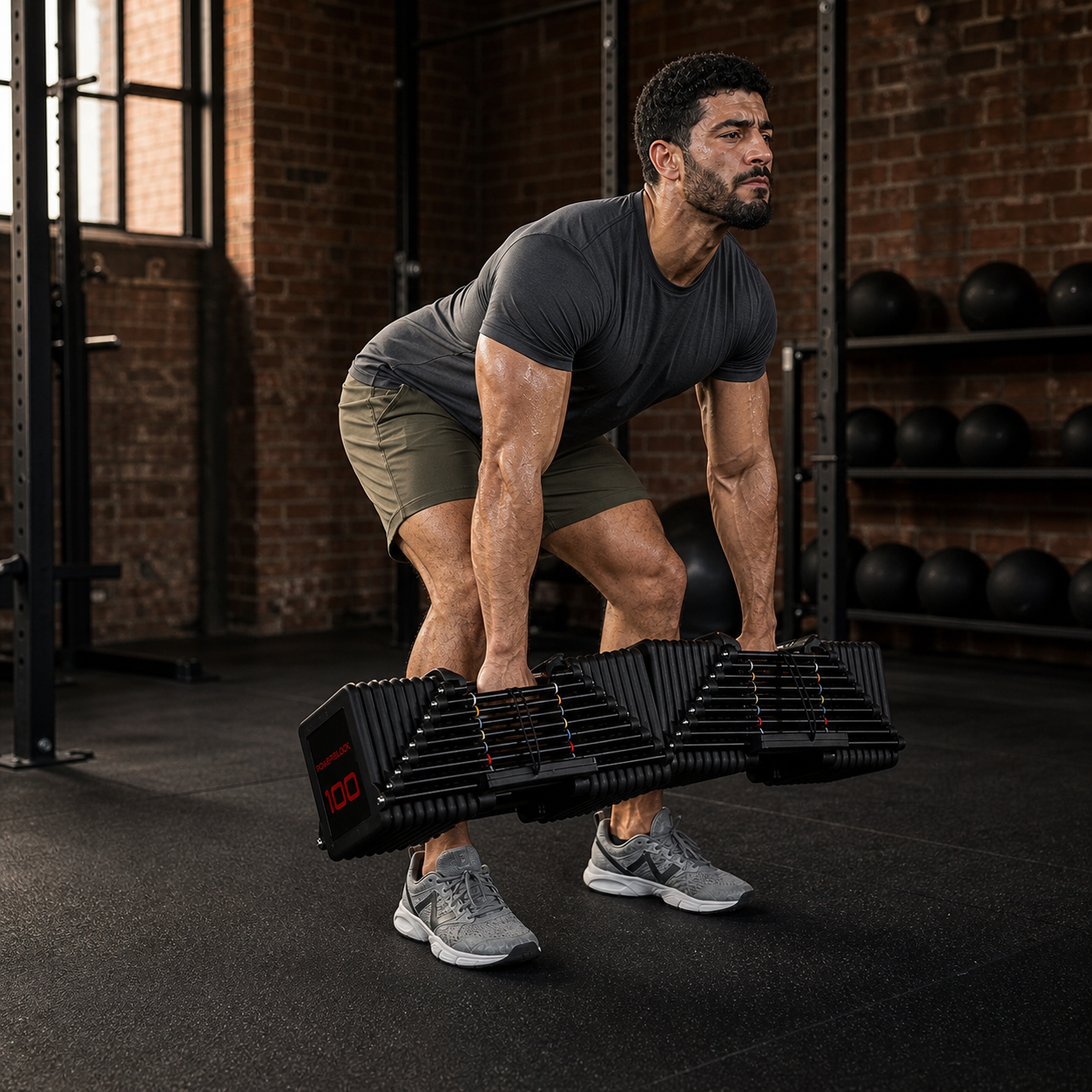 Man performing a controlled deadlift with PowerBlock Commercial Pro 100 adjustable dumbbells