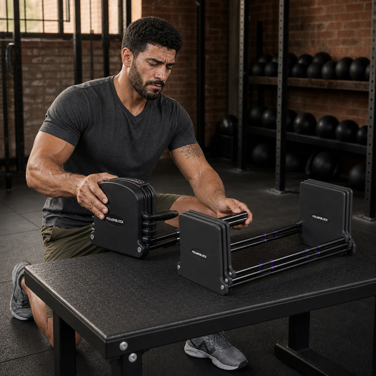 Man aligning the PowerBlock Commercial Pro 125 to 175 expansion kit in a gym