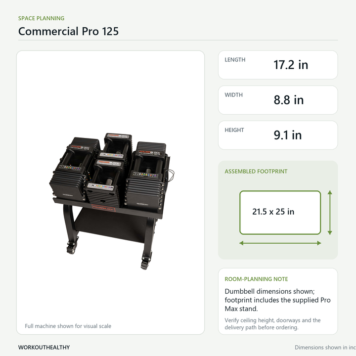 PowerBlock Commercial Pro 125 dimensions and space-planning guide