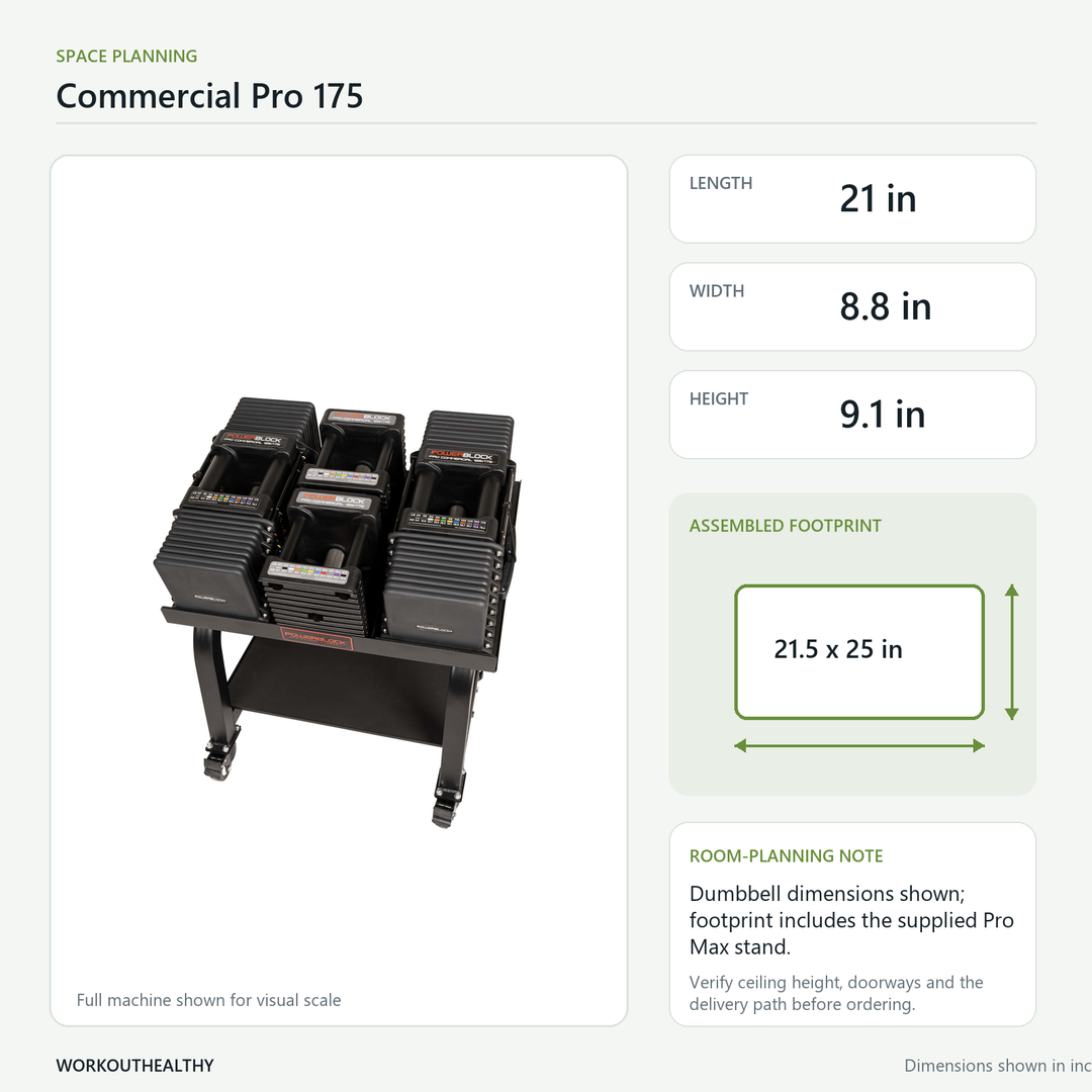 PowerBlock Commercial Pro 175 dimensions and space-planning guide