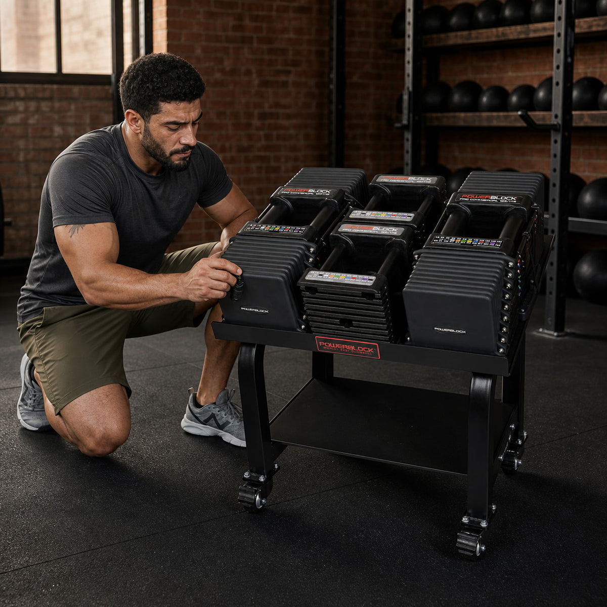 Man checking the selector on the PowerBlock Commercial Pro 175 adjustable dumbbell set