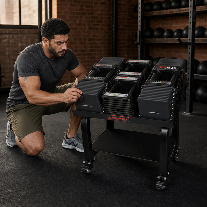 Man checking the selector on the PowerBlock Commercial Pro 175 adjustable dumbbell set