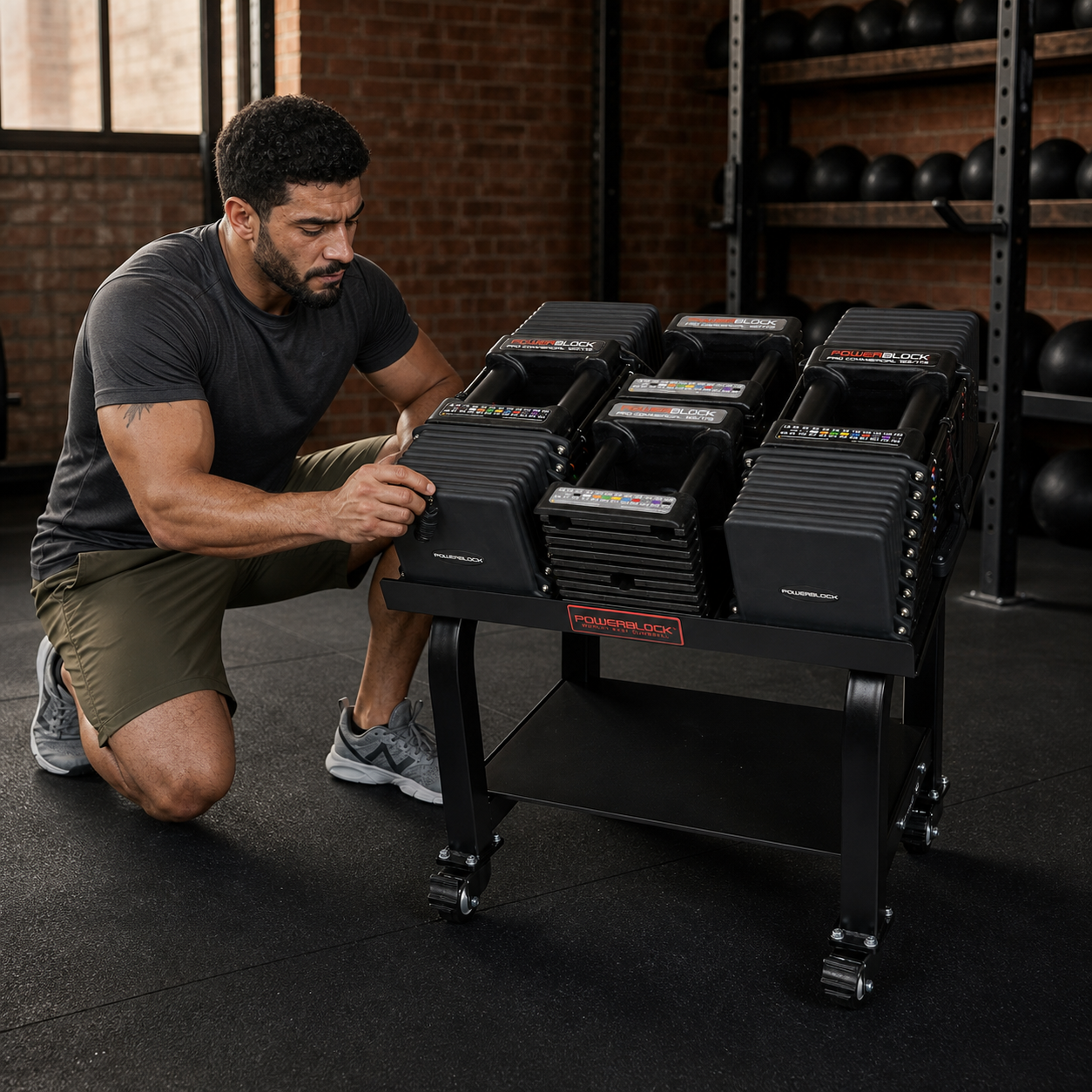 Man checking the selector on the PowerBlock Commercial Pro 175 adjustable dumbbell set