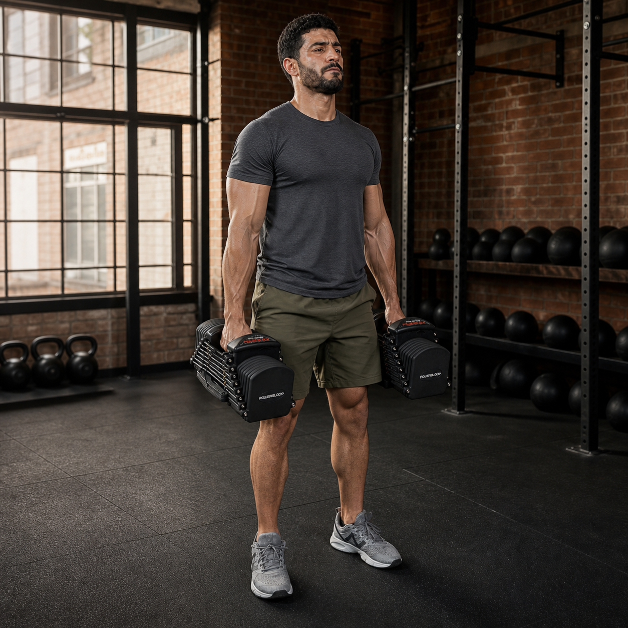 Man holding a pair of PowerBlock Commercial Pro 32 adjustable dumbbells