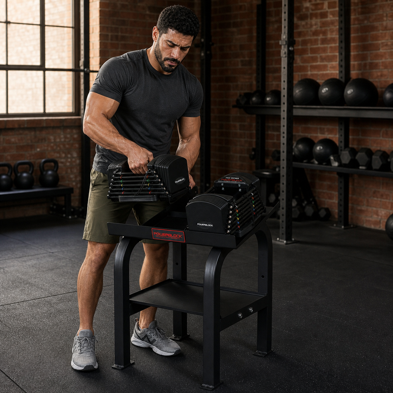 Man racking a PowerBlock Commercial Pro 50 adjustable dumbbell on its Pro Rack stand