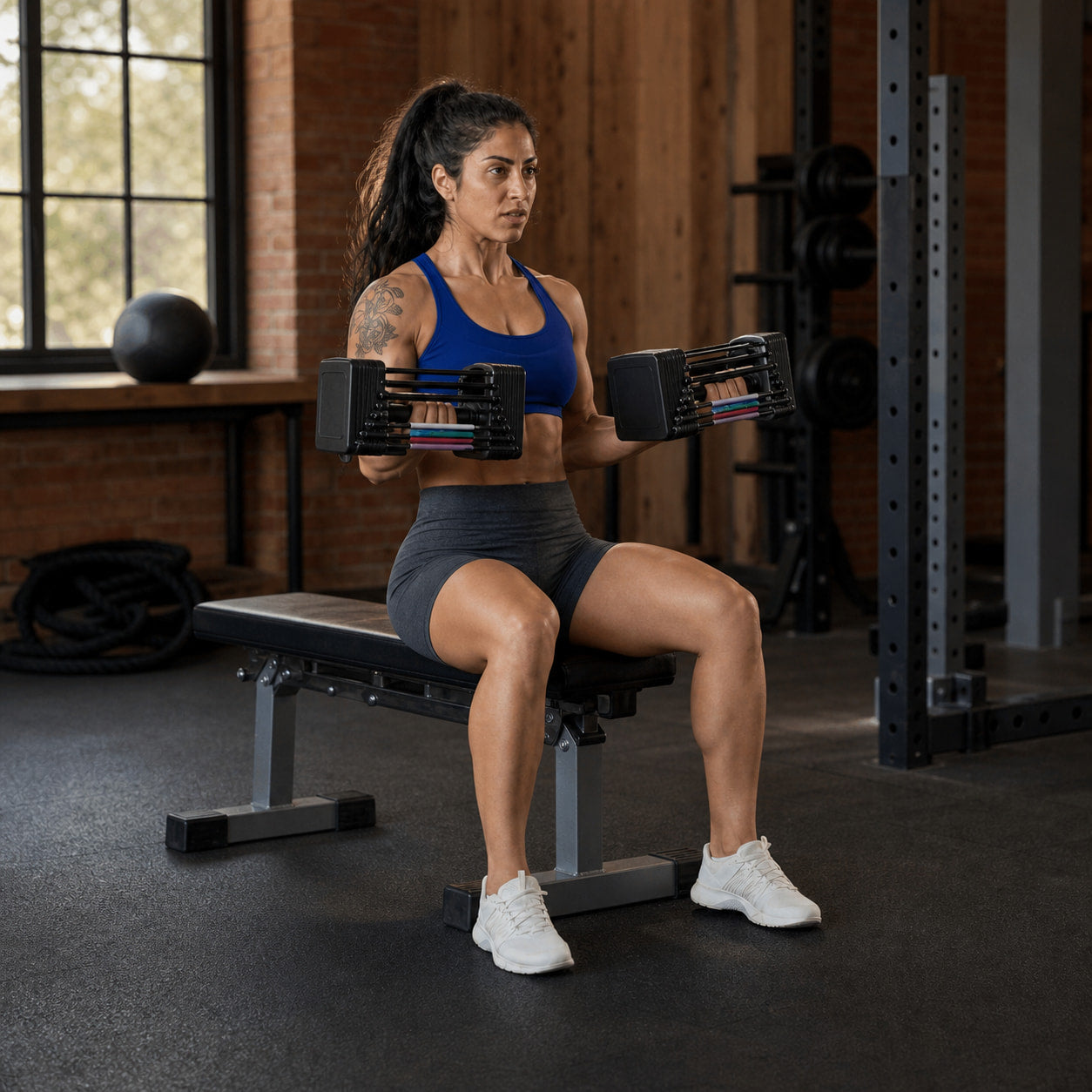 Woman performing seated curls with PowerBlock Elite EXP 50 adjustable dumbbells