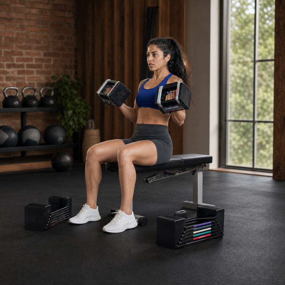 Woman performing seated curls with PowerBlock Elite EXP 90 adjustable dumbbells in a premium home gym