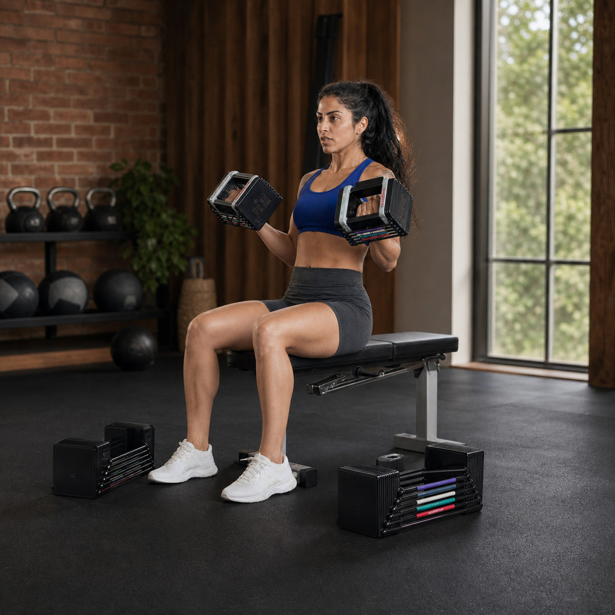 Woman performing seated curls with PowerBlock Elite EXP 90 adjustable dumbbells in a premium home gym
