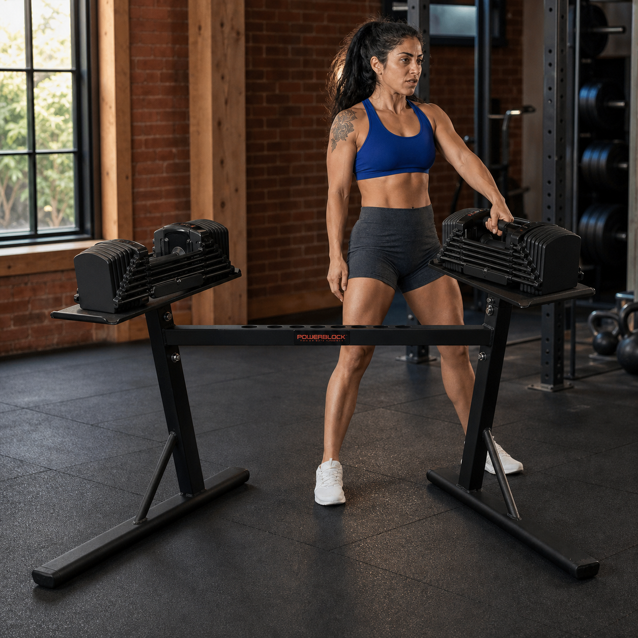 Woman racking adjustable dumbbells on the original PowerBlock PowerMax stand