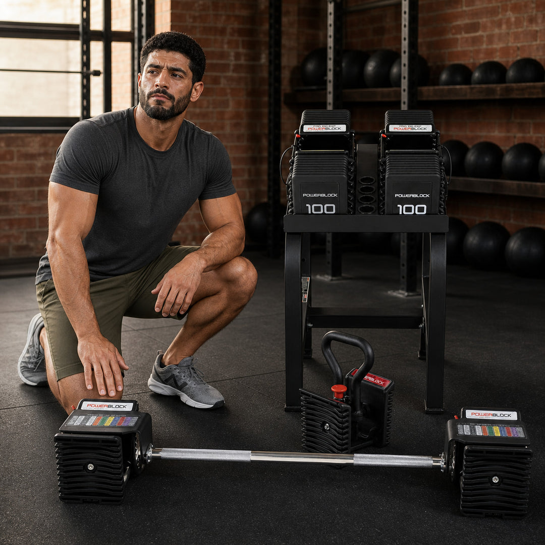 Man beside the complete PowerBlock Pro 100 Full Kit with stand, bar and kettlebell handle