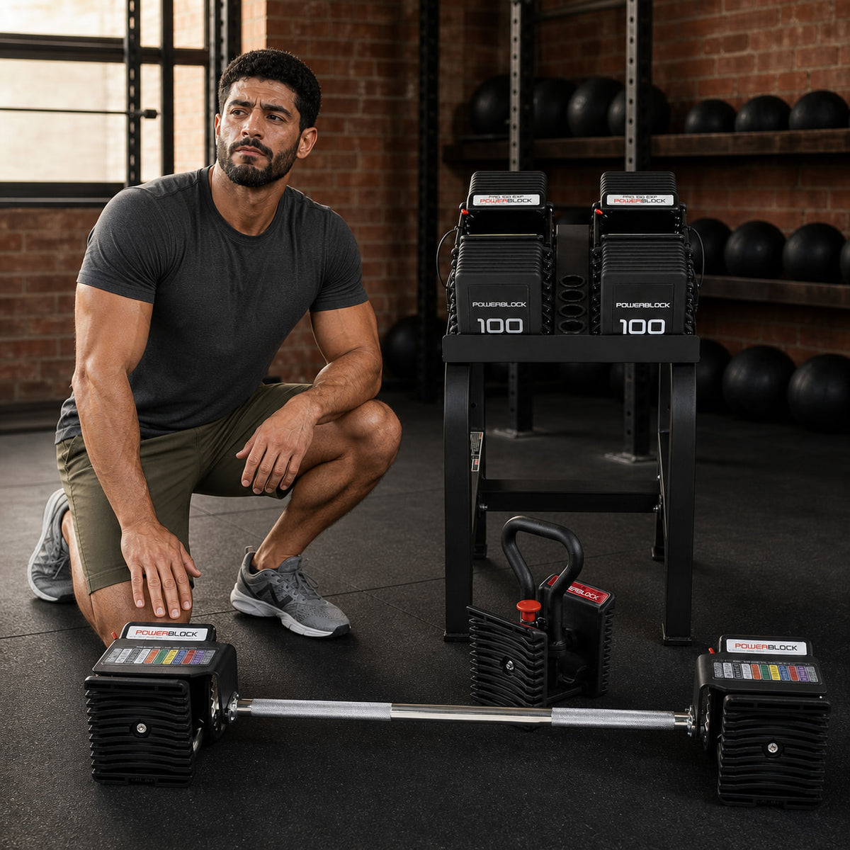 Man beside the complete PowerBlock Pro 100 Full Kit with stand, bar and kettlebell handle