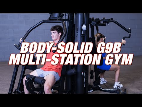 Body-Solid G9B multi-station gym walkthrough showing the seven training stations and the leg press