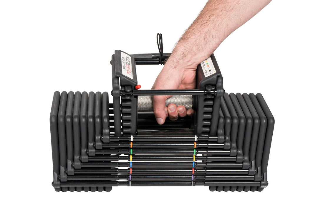 Knurled stainless steel handle being lifted out of the PowerBlock Pro 100 EXP weight stack