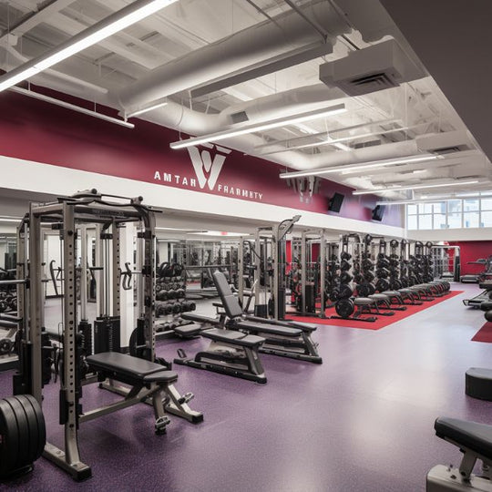 A spacious gym with various exercise equipment, including weight machines, benches, and dumbbells. The floor is purple, and there are large mirrors on the walls. The ceiling is high with exposed ducts and a prominent sign with a stylized logo.