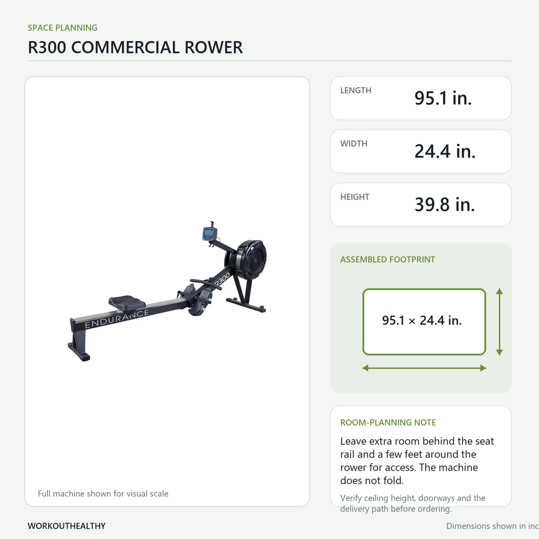 Body-Solid Endurance R300 dimensions and floor-space planning: 95.1 × 24.4 × 39.8 inches