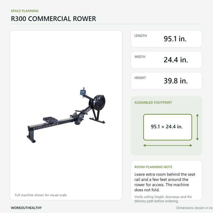 Body-Solid Endurance R300 dimensions and floor-space planning: 95.1 × 24.4 × 39.8 inches