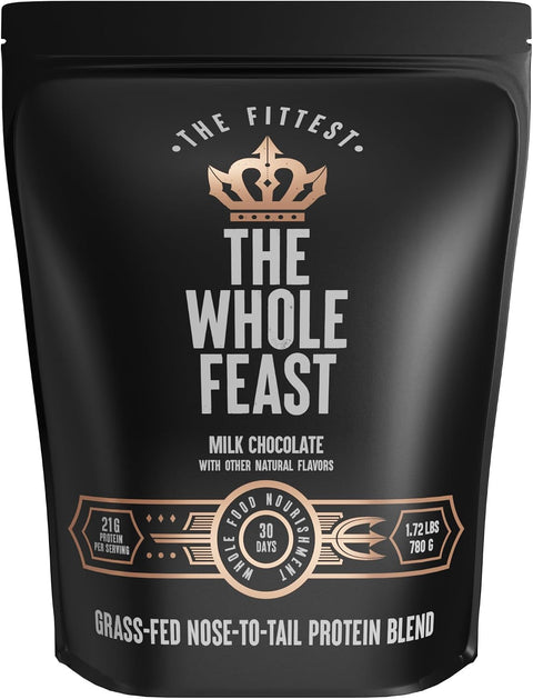 The Fittest Whole Feast milk chocolate beef protein tub