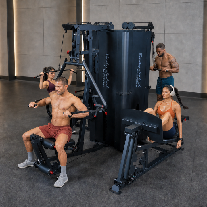 Body-Solid Pro ClubLine S1000 four-station universal gym in use in a premium commercial studio