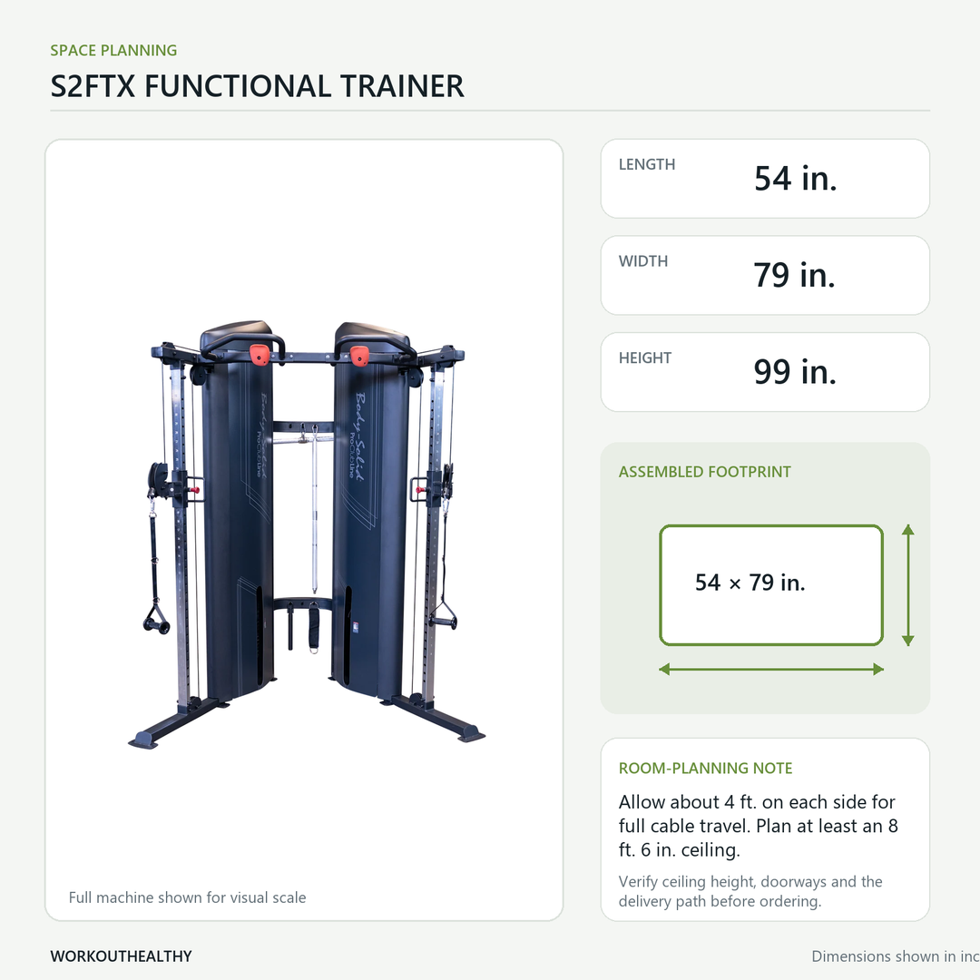 Body-Solid S2FTX dimensions and floor-space planning: 54 × 79 × 99 inches