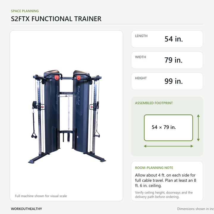 Body-Solid S2FTX dimensions and floor-space planning: 54 × 79 × 99 inches